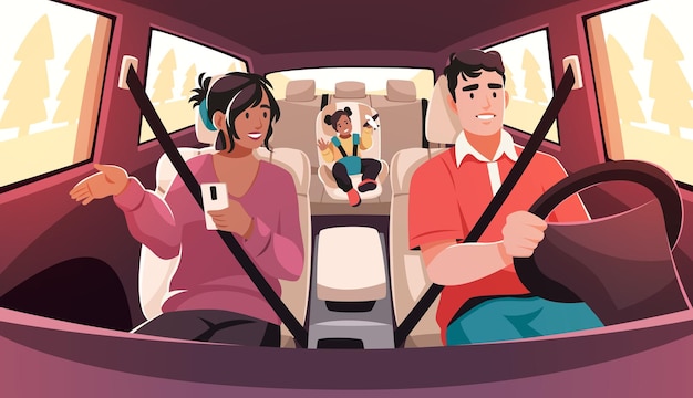 Famille heureuse dans la voiture Les gens assis dans les voitures conduisant enfant dans le siège enfant parents et fille voyageant vacances d'été intérieur de l'automobile dessin animé plat isolé concept vectoriel ordonné
