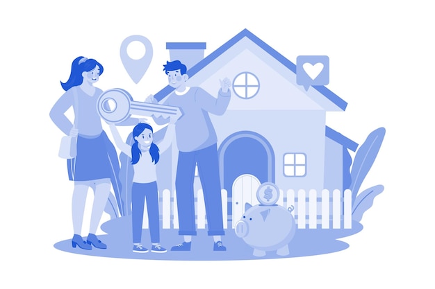 Famille heureuse, debout devant une nouvelle maison