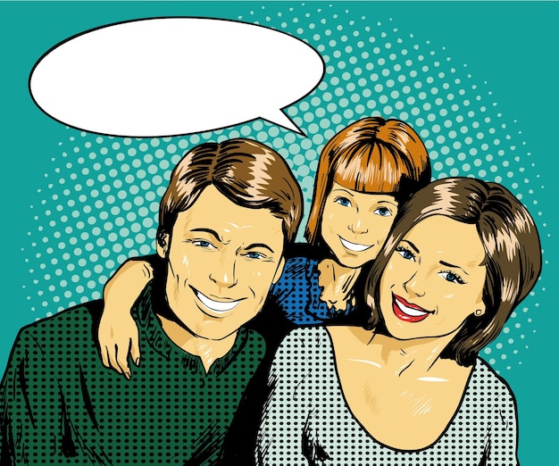 Famille heureuse avec un enfant Illustration vectorielle dans le style de l'art pop comique rétro Concept de famille