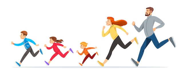 Vecteur famille heureuse avec enfants qui courent ou font du jogging pour le sport et une meilleure forme physique en été