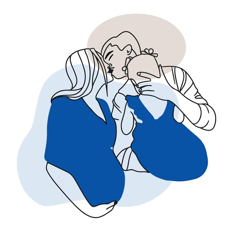 Vecteur famille heureuse maman et papa tiennent un bébé baiser les parents aiment doodle
