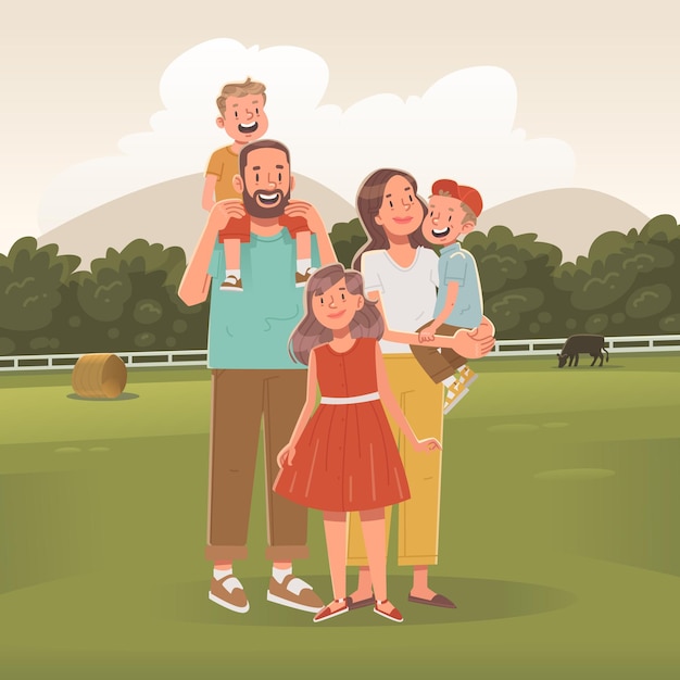 Une famille heureuse, une nature, une mère, un père, une fille, un fils, un voyage à la campagne, un village en plein air.