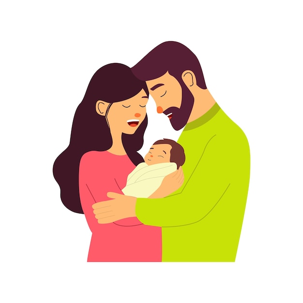 Une famille heureuse avec un nouveau-né Des parents affectueux tiennent leur enfant Illustration