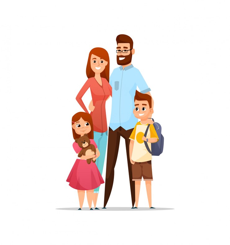 Vecteur famille heureuse. papa, maman, fils et fille ensemble.