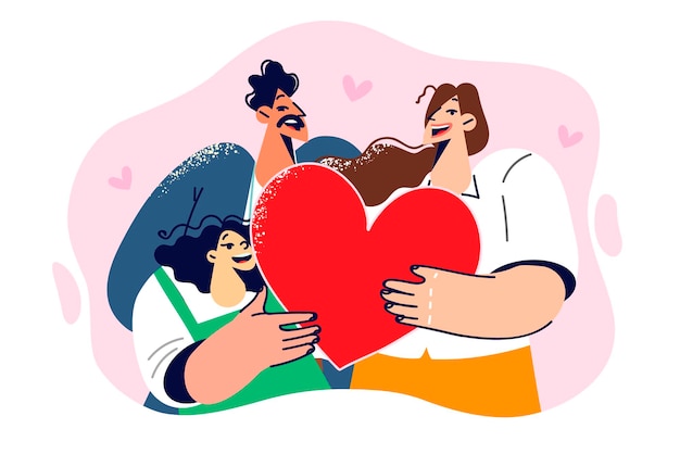Une famille heureuse de parents et de filles tenant un grand cœur ensemble symbolisant l'amour et le respect mutuel