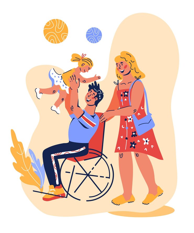 Famille heureuse avec père en fauteuil roulant Personnes ayant des limites physiques accessibilité de l'environnement