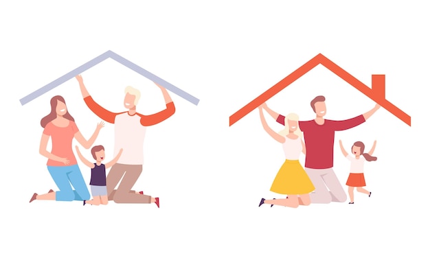 Famille heureuse avec père, mère et petits enfants sous le toit de la maison Set de vecteurs de protection
