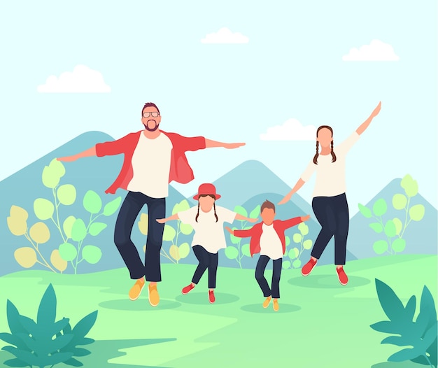 Famille heureuse sautant dans l'illustration de l'art vectoriel du parc