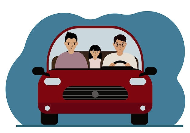 Famille D'hommes De Même Sexe Dans La Voiture. Un Homme Conduit Une Voiture Rouge à Côté D'un Autre Homme Et D'un Petit Enfant Sur La Banquette Arrière. Premier Plan. Télévision Illustration Vectorielle