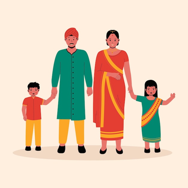 Famille Indienne En Illustration De Vêtements Traditionnels