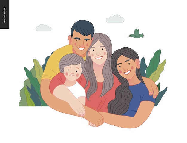Famille internationale heureuse avec des enfants santé et bien-être de la famille concept de vecteur plat moderne numérique