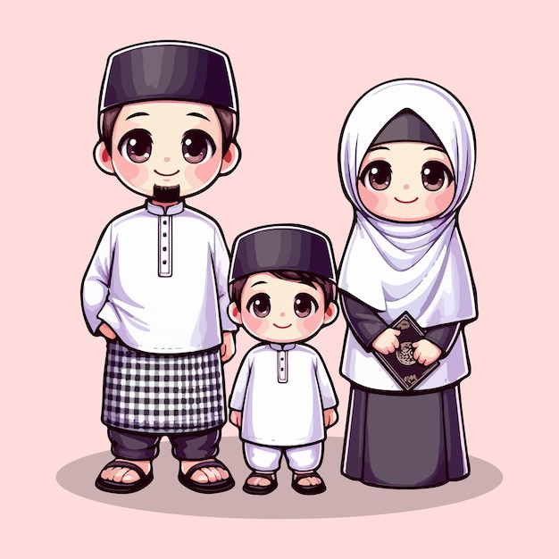 Vecteur la famille islamique chibi avec un fond rose