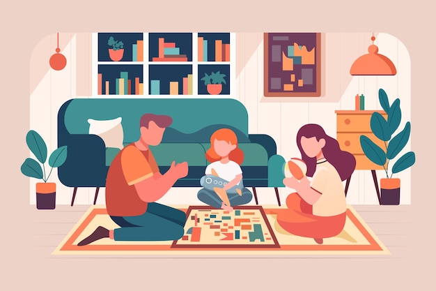 Vecteur famille jouant à des jeux dans le salon avec canapé et bibliothèque en illustration vectorielle de fond