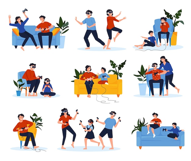 Famille jouant à des jeux vidéo vr avec des personnages isolés d'enfants et d'adultes portables casques gamepads illustration vectorielle