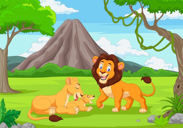 Famille De Lion De Dessin Animé Dans La Jungle