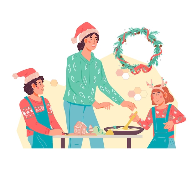 Famille de mère et d'enfants cuisine vecteur plat dîner festif isolé