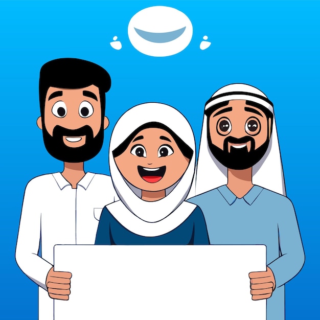 Vecteur famille musulmane arabe dessinée à la main avec un autocollant de dessin animé plat et élégant concept d'icône isolé