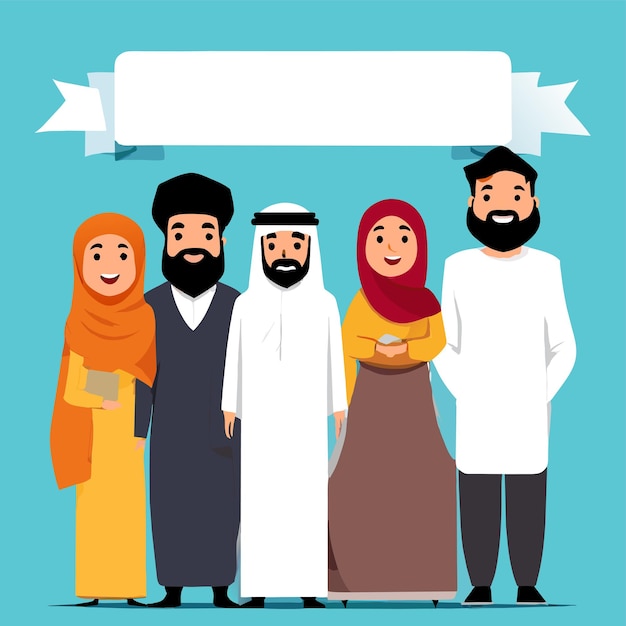 Vecteur famille musulmane arabe dessinée à la main avec un autocollant de dessin animé plat et élégant concept d'icône isolé
