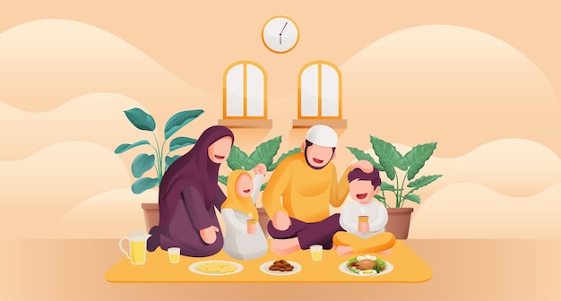 Famille Musulmane Ayant Des Enfants Iftar Heureux De Terminer Le Jeûne Et Appréciés Par Les Parents Pendant Le Mois Sacré Du Ramadan