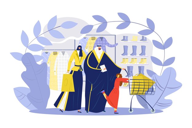 Famille Musulmane En Hijab Shopping Illustration Vectorielle Les Arabes Achètent Des Vêtements Dans La Conception De Fond De Supermarché Plat Personnage De Dessin Animé Homme Femme