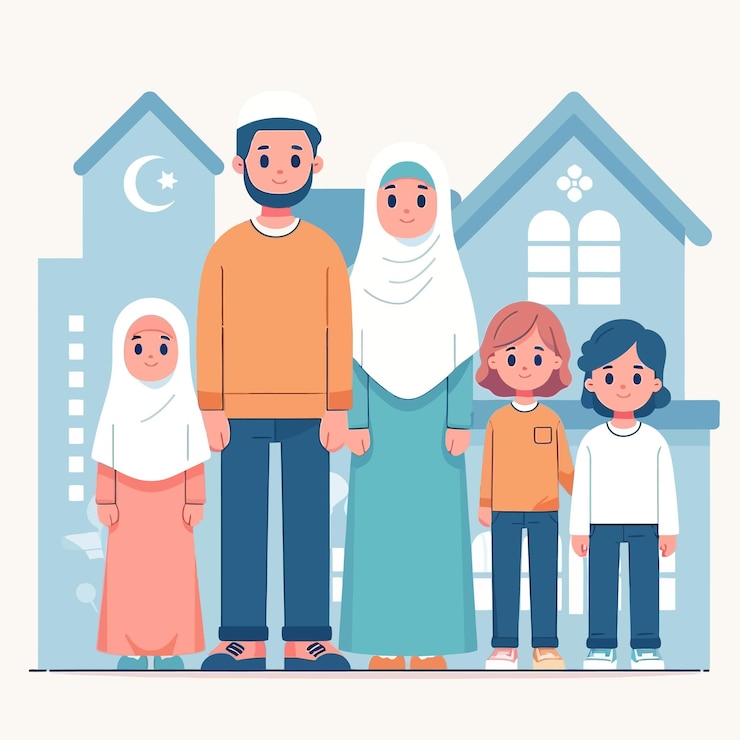 Vecteur une famille musulmane prête à faire la fête dans le jardin dans un style de conception plat
