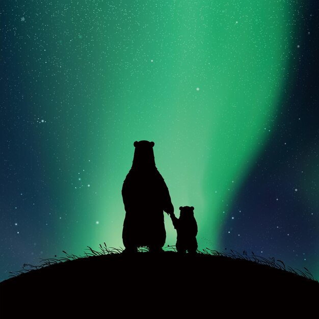 Vecteur famille d'ours la nuit silhouettes d'animaux sur la colline aurora borealis