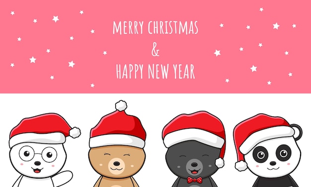 Famille D'ours Polaire En Peluche Mignon Saluant Joyeux Noël Et Bonne Année Carte De Griffonnage De Dessin Animé