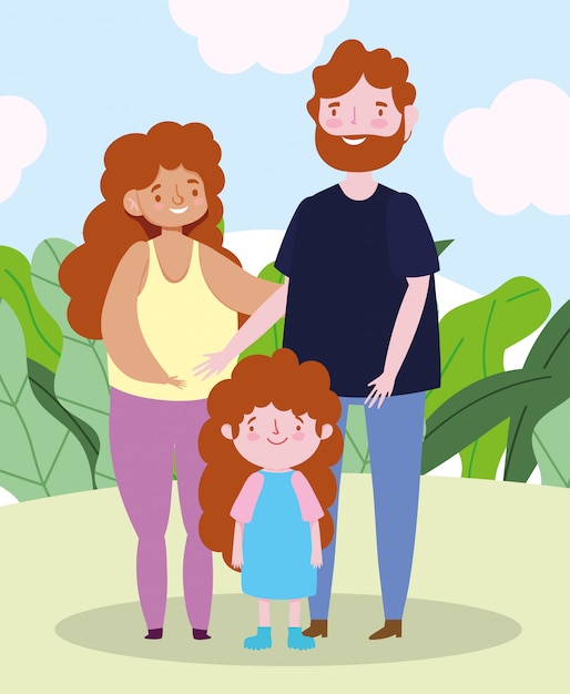 Famille Parents Heureux Avec Petit Personnage De Dessin Animé Ensemble Fille