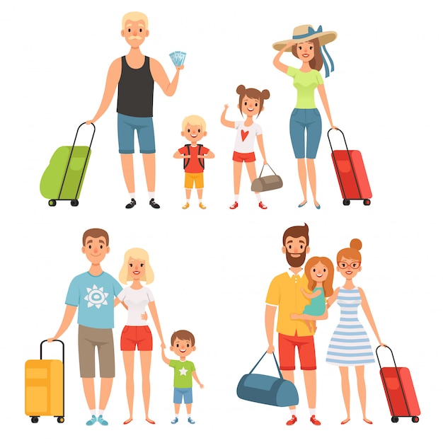 Vecteur la famille part en vacances d'été. famille heureuse voyager