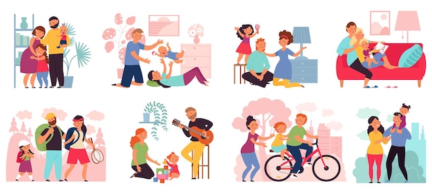 La famille passe du temps ensemble Parents heureux avec enfants mère père enfants marchant balade et jouer Dessin animé mignon gens décent vecteur clipart