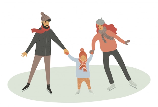 Famille à la patinoire. Père, mère et enfant, patin isolé