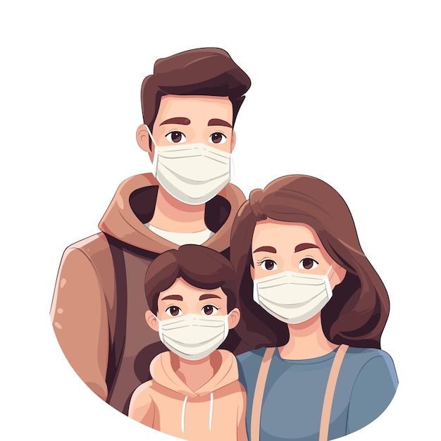 Famille De Père, Mère Et Fille Portant Un Masque Illustration D'art Vectoriel