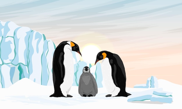 Vecteur une famille de pingouins empereurs avec un poussin se tiennent dans la neige près d'un grand glacier