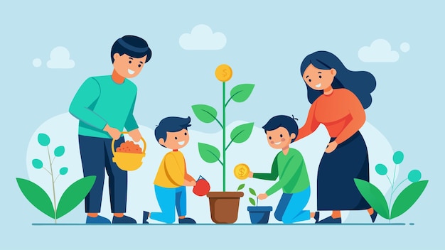 Une Famille Plantant Un Jardin Ensemble Avec Chaque Plante Représentant Un Objectif Financier Différent