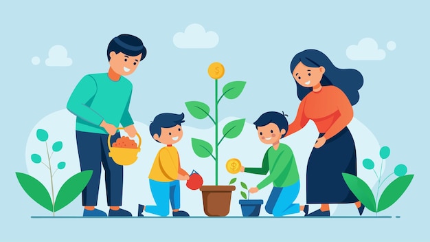 Vecteur une famille plantant un jardin ensemble avec chaque plante représentant un objectif financier différent