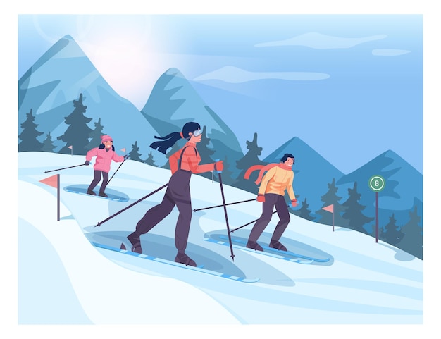 Vecteur famille portant un survêtement de ski. personnages de ski, maman, papa et enfant glissant en descente. activité de plein air hivernale. illustration vectorielle plane