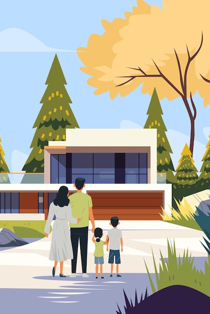 Une famille de quatre personnes se tient devant une maison moderne entourée d'arbres et de verdure sous un ciel bleu clair.
