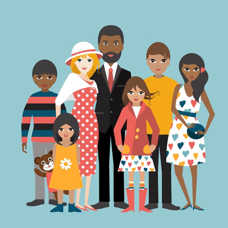 Vecteur famille de race mixte avec 5 enfants vecteur d'ilustration de dessin animé