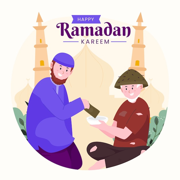 Famille Ramadan Kareem Mubarak Avec Homme Donnant De La Nourriture Ou Un Cadeau Aux Pauvres,