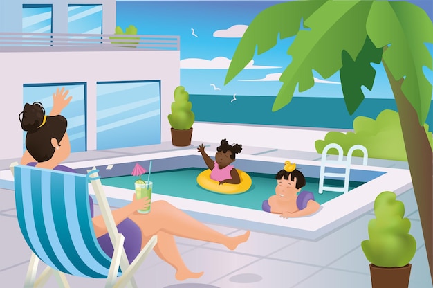 La Famille Se Détend à La Piscine Dans Le Concept D'hôtel En Dessin Animé Plat Maman Prend Un Bain De Soleil Dans Un Lit De Bronzage