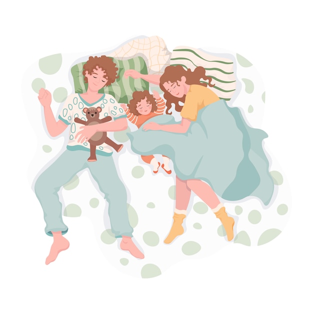 Famille Se Reposant Et S'embrassant La Nuit. Mère, Père Et Fille Dorment Ensemble Sur Le Lit Et Rêvent D'une Illustration Plate. Vie Quotidienne, Temps En Famille Ensemble.