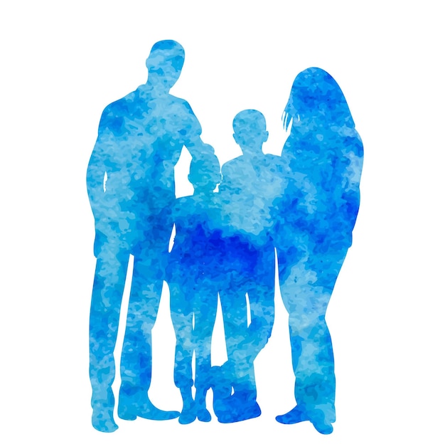 Vecteur famille de silhouette aquarelle isolée et bleue