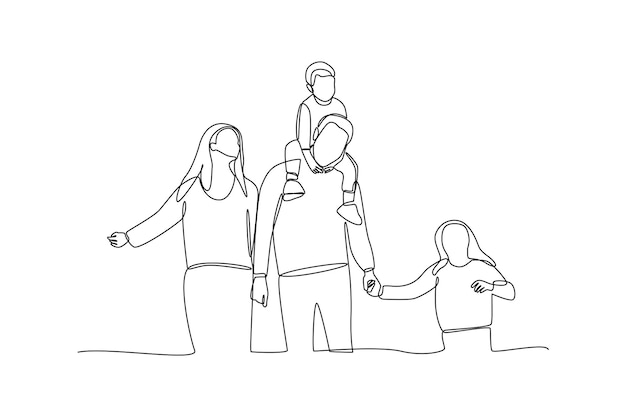 Vecteur une famille simple en vacances, un dessin en ligne continue simple d'une famille heureuse, un concept minimaliste, des vacances en famille.