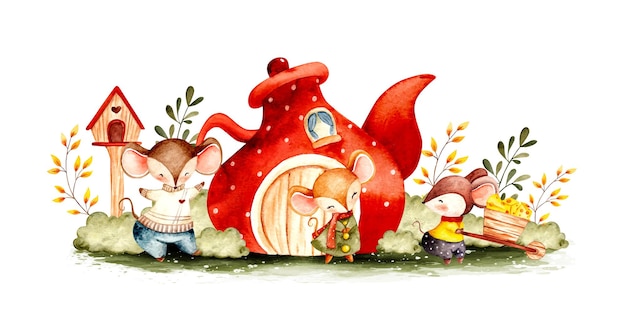 Famille de souris aquarelle au jardin