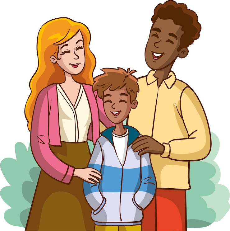 Vecteur une famille de trois personnes avec un garçon au milieu.