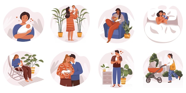 Familles avec concept web de nouveau-nés au design plat jeunes mères et pères tenant et étreignant babi...