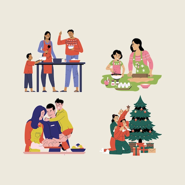 Des familles dessinées à la main célébrant Noël 6