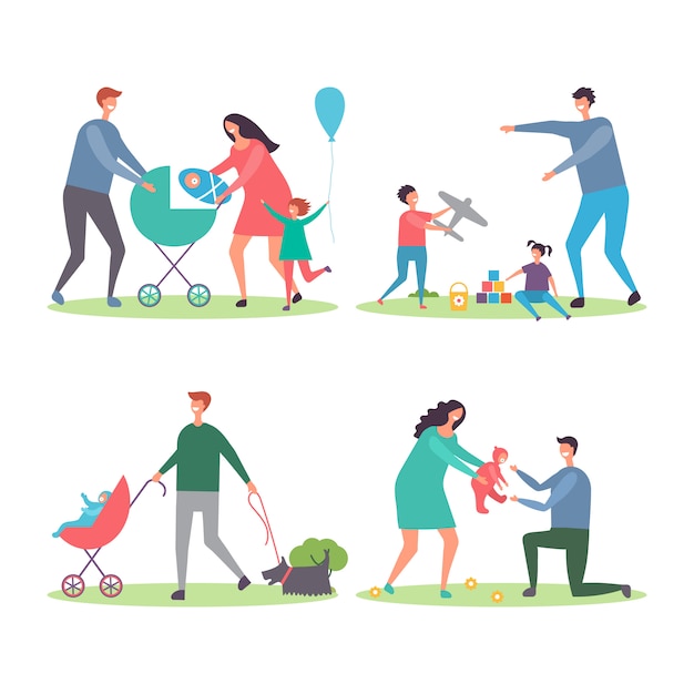 Vecteur familles heureuses avec enfants et chiens. mères et pères marchant et jouant avec des enfants dans l'illustration du parc de la ville