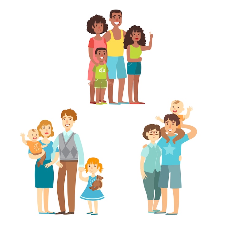 Vecteur familles heureuses posant ensemble
