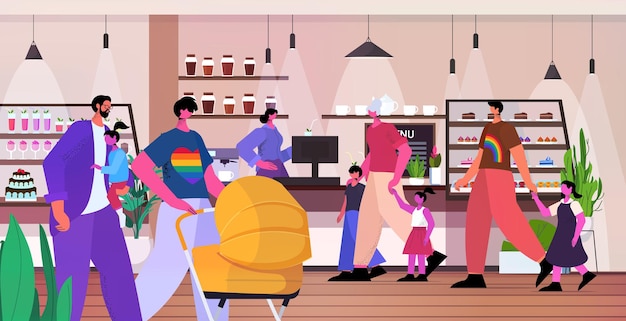 Les Familles Lesbiennes Gays Passent Du Temps Dans Un Café, Les Transgenres Aiment Le Concept De Communauté Lgbt Horizontal